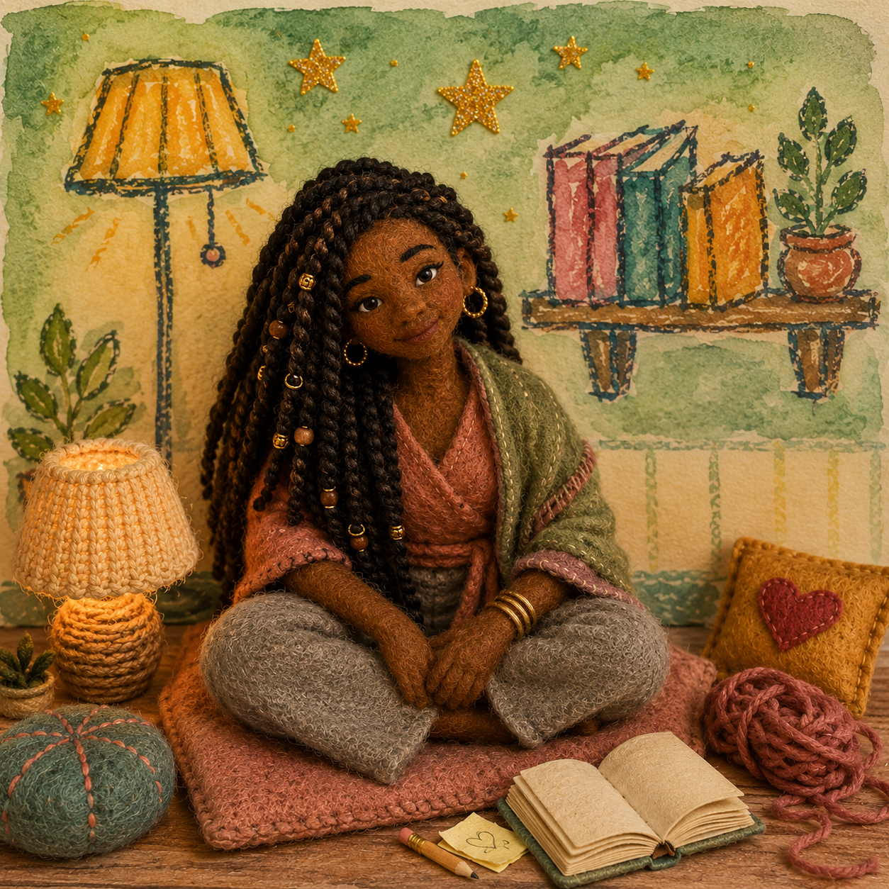 Sage, a felt character, sitting in her handmade room